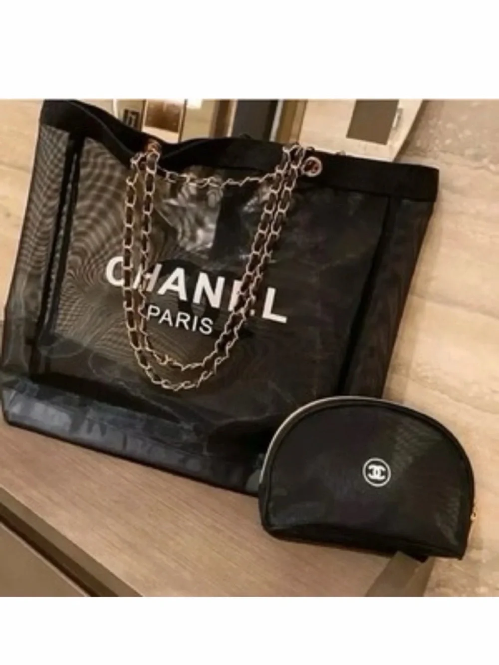 Chanel Black Clear mesh  Tote Bag with Chain Accent VIP item.. - Picture 3 of 5